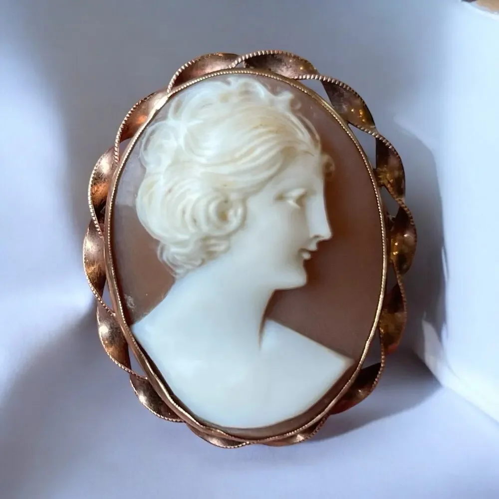 Antique 20's/30's 10k Rose Gold Bezel Set Carved Shell Cameo Brooch Pendant 6g